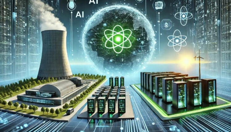 DALL·E 2024 07 24 22.42.02 A widescreen image illustrating the intersection of AI technology and nuclear power. The image should depict a futuristic data center powered by nucle 750x430 1